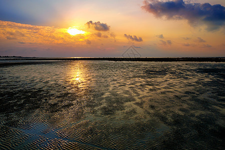 潮水低潮时的日出和沙沙海滩黏土石头晴天涟漪海岸蓝色太阳海景海洋图片