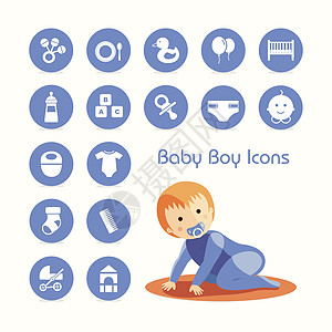 婴儿爬行男孩和图标集图片