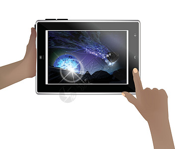 人类手中的平板电脑上的空间壁纸星云网络宇宙监视笔记本轨道插图屏幕世界技术图片