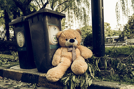 那个泰迪熊坐在垃圾桶旁 丢弃了它塑料娃娃棕色卡通片环境垃圾玩具乐趣友谊礼物图片