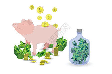 有一堆金币的猪粉色存钱罐经济银行业帐户金子猪肉插图动物商业金融宝藏图片