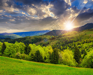 日落时山中山谷附近的树苗蓝色戏剧性太阳耀斑农村森林天空植物阳光季节图片