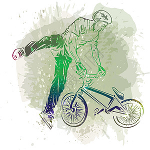 骑自行车的人在艺术抽象背景上跳跃 手工现货竞赛飞行男人车辆车轮生活骑术活动冒险城市图片