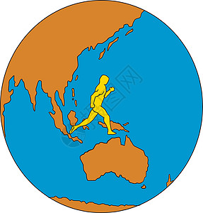 环游世界的马拉松赛跑者亚洲太平洋绘图刮板运动员手绘圆圈地球铁人插图艺术品男性男人图片