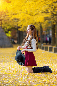 韩国纳米岛的黄叶美少女 秋天在南美岛旅行文化阳光树木树叶女孩游客生态绿色旅游图片