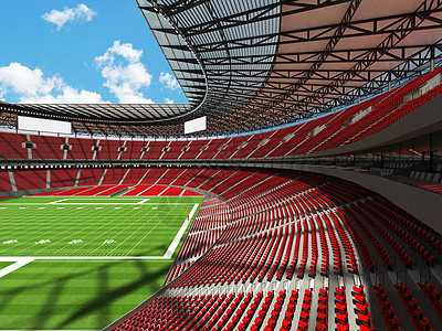 有红色位子和VIP boxe的大美丽的现代美式足球体育场看台黑色椅子沥青院子运动草皮蓝色天空竞赛图片