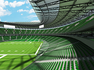 有绿色位子和VIP boxe的大美丽的现代美式足球体育场会场网格游戏场地看台院子黑色玻璃沥青天空图片
