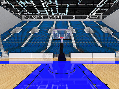 配有蓝色座位和贵宾箱的篮球赛场 美丽的现代体育竞技场团队锦标赛木板运动光灯聚光灯盒子地面网格建筑图片