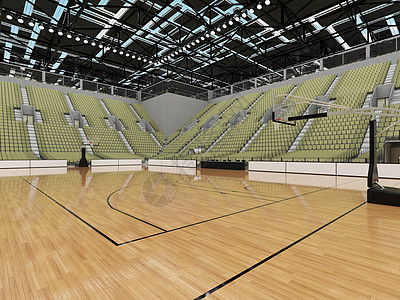 拥有橄榄绿色灰色座位和贵宾箱的美丽现代篮球赛场地标轮缘季后赛锦标赛木地板体育场游戏光灯运动建筑图片
