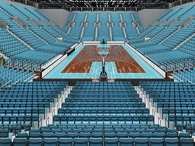美丽的现代篮球赛场 配有天空蓝色座位和贵宾箱玻璃体育场地面光灯轮缘聚光灯网格会场法庭健身房图片