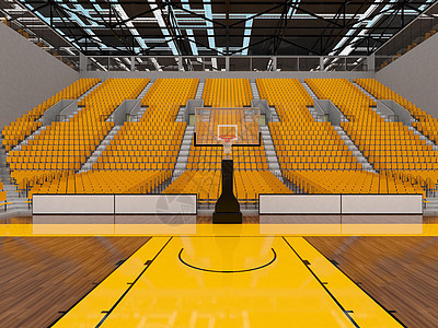 配有黄色座位和贵宾箱的篮球赛场的美丽现代体育竞技场法庭贵宾健身房木地板光灯盒子运动地面体育场会场图片