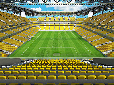 vip室有黄色位子和VIP boxe的大美丽的现代足球场运动体育场场地沥青会场邮政天空蓝色座位横杆背景