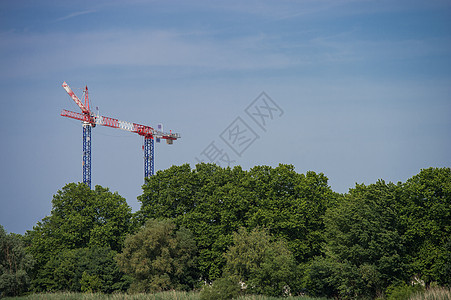 在树木 城市和自然上方建筑起重机建造建筑学曲柄蓝色旅行金属生长天空日落场地图片