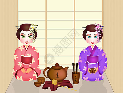 传统的日本传统茶叶仪式寺庙插图文化礼仪女士花朵宝塔女孩艺术女性图片