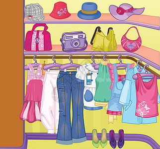布衣橱 带衣袋盒和鞋子的壁橱 购物时间女士贮存卡通片房间插图家具销售架子收藏服装图片