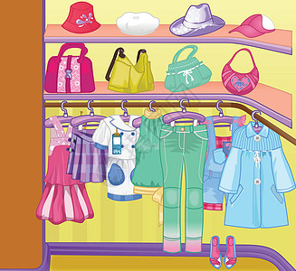 布衣橱 带衣袋盒和鞋子的壁橱 购物时间女士衬衫贮存房间裙子衣服衣架家具纺织品房子图片