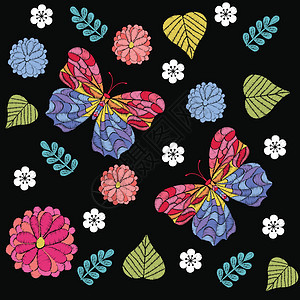 刺绣无缝图案与美丽的花朵和 butterfl衬衫纺织品插图植物织物风格黑色草本植物蝴蝶叶子图片