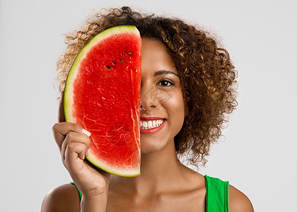 我爱夏天水果西瓜头发红色灰色营养饮食食物卷曲绿色微笑图片