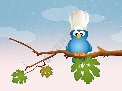 叶子上有菜单的鸟美食分支机构食物麻雀烹饪厨师帽子树叶动物图片