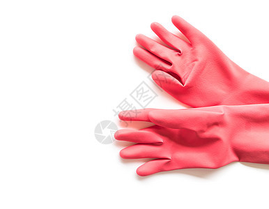 白色背景 工作清洁用的红色防晒橡胶手套材料女佣海绵家庭安全看门人擦洗塑料洗涤器卫生图片