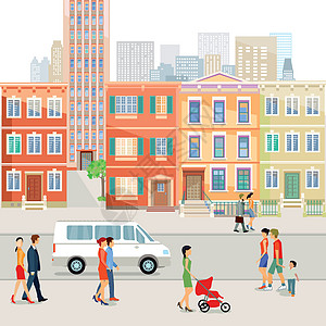 城市里街上的人 插图运输住宅女朋友房屋街道直辖市公共汽车交通社会建筑物图片