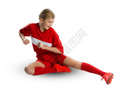 女足球运动员工作室喜悦发型运动孩子童年女性衬衫微笑乐趣成功高清图片素材