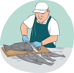 鱼肉切鱼装饰品渔夫插图男人椭圆形漫画男性图片