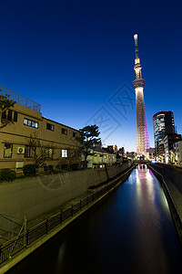 东京市夜间场景甲板建筑物景观地标市中心晴空塔天空办公室蓝色图片