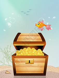 海底的宝藏宝藏中盒子海洋珊瑚插图硬币财富金子现金背景图片