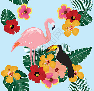矢量热带热带鸟类植物森林火烈鸟叶子绿色夫妻红色横幅粉色野生动物图片