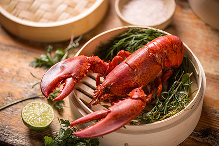 蒸汽海鲜蒸蒸龙虾午餐美食乡村蒸汽厨房甲壳红色绿色动物木板背景