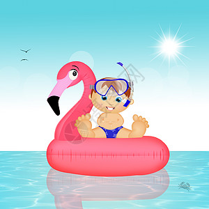 在可充气的粉红火烈酒上面具粉红色海洋异国海滩空气床婴儿潜水插图孩子图片