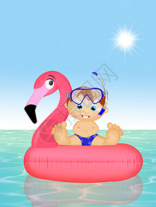 在可充气的粉红火烈酒上粉红色海洋玩具空气床粉色火烈鸟潜水孩子婴儿假期图片