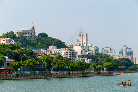 澳门市风景街道景观起重机池塘房子建筑学蓝色天际酒店地标图片