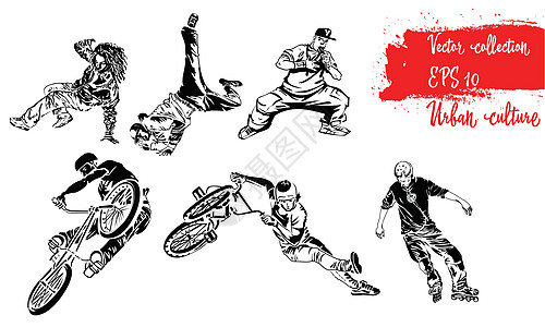 一组极限运动员 压路机 骑自行车的人和霹雳舞者 极端主题现代印刷品 矢量设计元素 在白色背景上被隔离图片