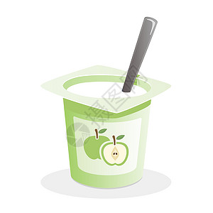 苹果酸酸奶 里面有勺子 在白色背景上图片