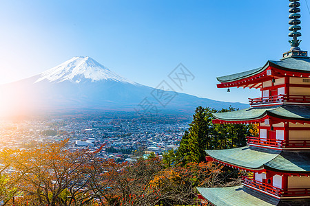 从后面观看的藤田山建筑学地标宝塔公吨神社浅间季节火山神道叶子图片