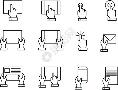 手指和手触摸屏幕的手线网络图标 矢量插图图片