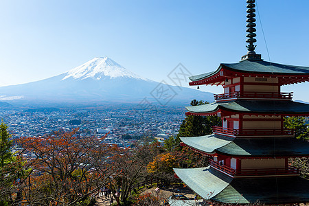 富士山和楚雷托红塔樱花公吨神社地标山梨寺庙天空火山叶子神道图片
