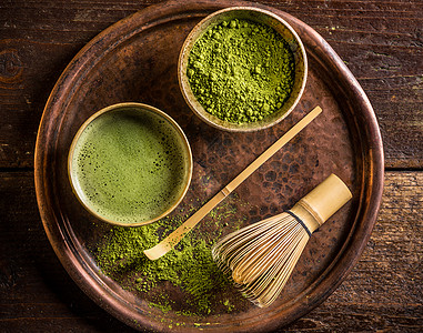 日本相配青茶竹子托盘粉末文化勺子美食绿色图片