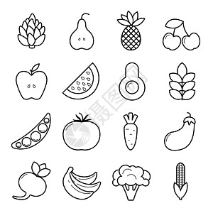 Vegan 图标集 概述白背景上孤立的蔬菜和水果图片