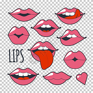 设置迷人的古怪图标 时装设计的插图 亮粉色妆吻痕 在透明背景上隔离的 80 年代和 90 年代卡通风格的热情嘴唇乐趣徽章绘画贴纸图片