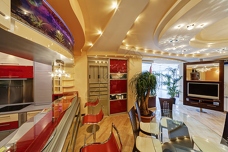 开放的客厅概念材料建筑学红色奢华公寓木头金子风格长椅桌子图片