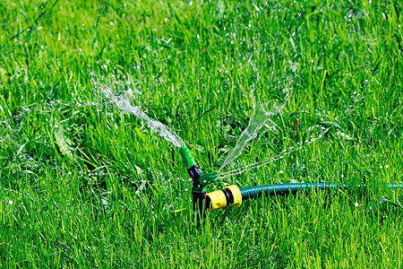 草坪喷洒灭水者在绿草地上供水的近距离拍摄图片