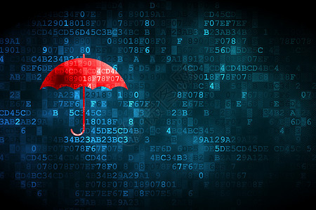 安全概念 数字背景的伞状裂缝攻击技术监视器隐私雨伞政策数据像素化保卫图片