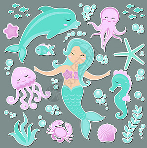 可爱时尚的贴纸表情符号 补丁徽章小美人鱼和海底世界 童话公主美人鱼和海豚 章鱼 鱼 水母 矢量图图片