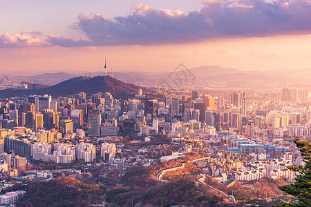 韩国地标首尔市天线 韩国最佳景色建筑物日落风景景观建筑学市中心旅行城市办公室场景背景