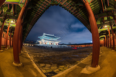南韩首尔的庆博京贡宫殿旅游旅行建筑学地标场景建筑木头历史城市蓝色图片