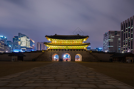 南韩首尔的庆博京贡宫殿蓝色建筑学场景地标建筑城市旅游木头旅行历史图片