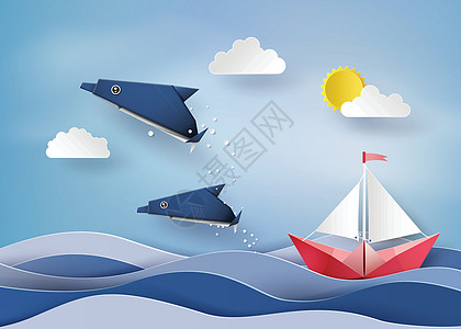 Origami在海上制造海豚和帆船图片